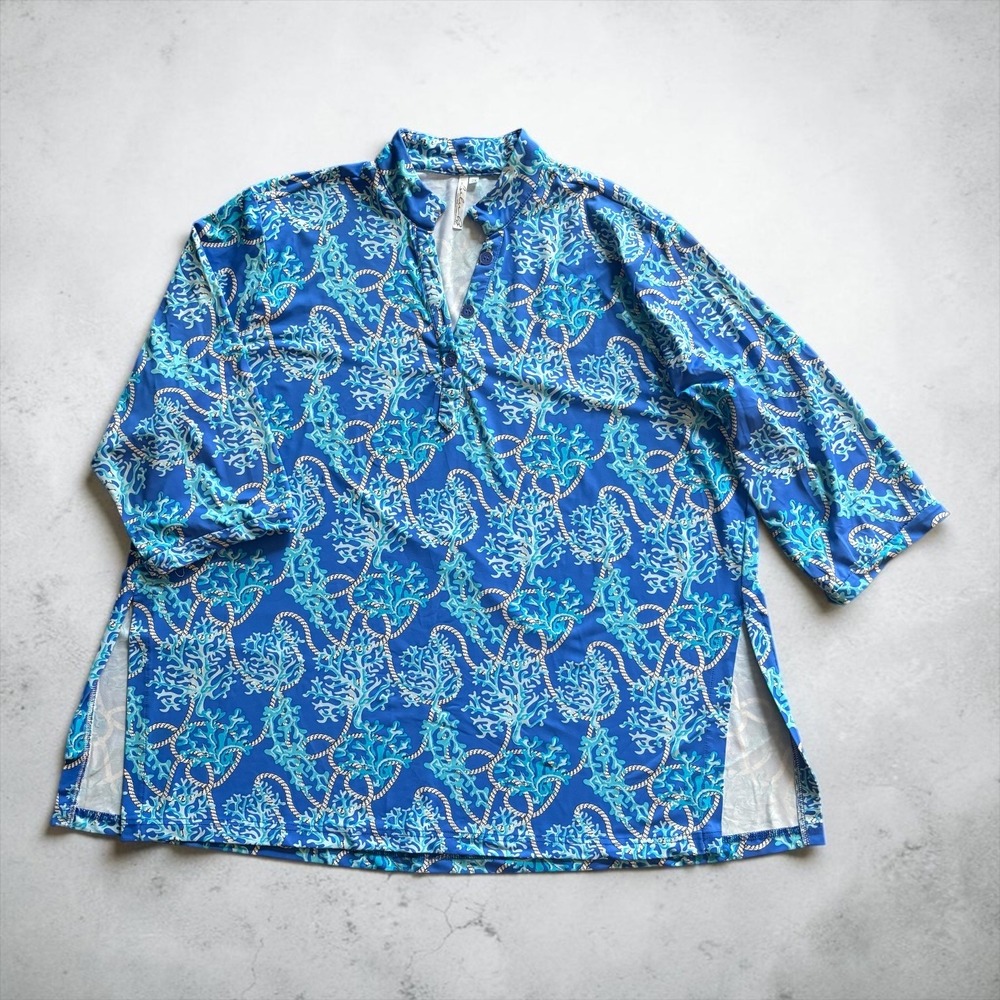 Lulu-B Blue Coral Nautical Rope Button Placket Mock Neck Tunic Top Women's 2XL
